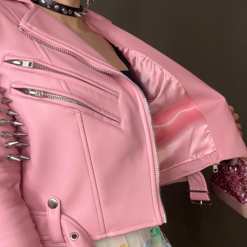 Killstar Disharmony Spike Studded Pink Vegan Leather Moto Jacket - Picture 6 of 13